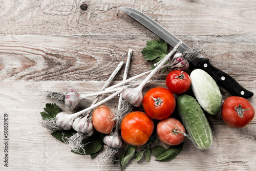 zdrowe warzywa i nóż na desce