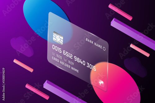 Isometric Glass morphism credit card template plastic rectangle with blur effect 3d liquid shapes circle shapes abstract Vector