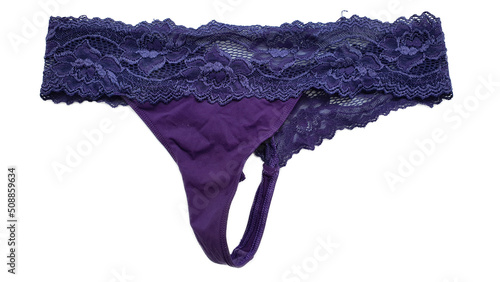 Worn female underwear isolated. Luxury elegant lace purple worn women's panties, closeup, isolated on white background. Fashion for underwear