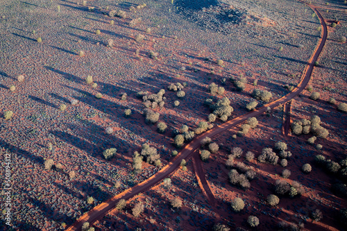 Ariel Landscape view of dirt road in aboriginal country, Northern Territory Australia, creating natural artwork.
