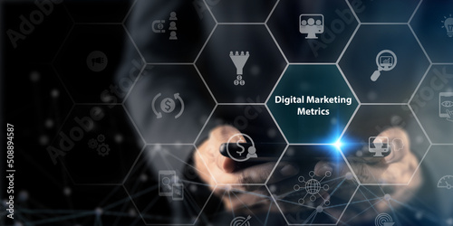 Digital marketing metrics and KPIs concept. Measuring values to prove the effectiveness and success of projects and campaigns across marketing channels. Metrics of traffic, conversion and revenue.