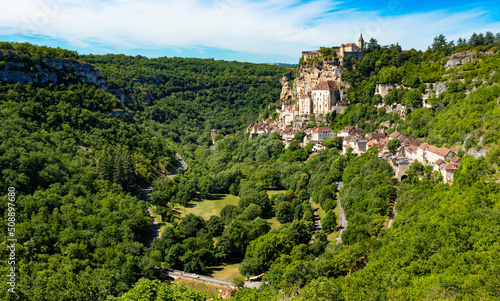 Rocamadour set above the tributary of the River Dordogne, in France. 