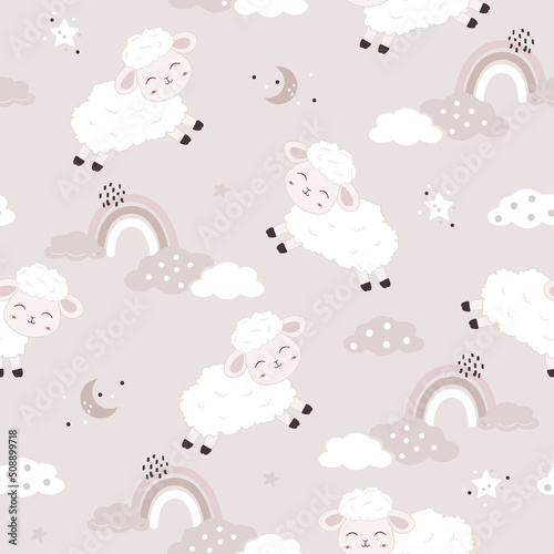 Kawaii cute sheeps seamless pattern. Design for paper goods, background, wallpaper, wrapping, printing, fabric, waddles, apparel and all your creative projects