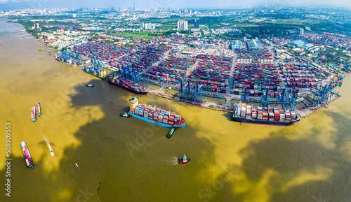 Aerial view of Cat Lai port with cargo ship and container Ho chi Minh city, Vietnam. The port is an important hub for import and export of important goods in Ho Chi Minh City