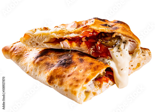 calzone pizza folded in half with meat, vegetables and cheese isolated on white background