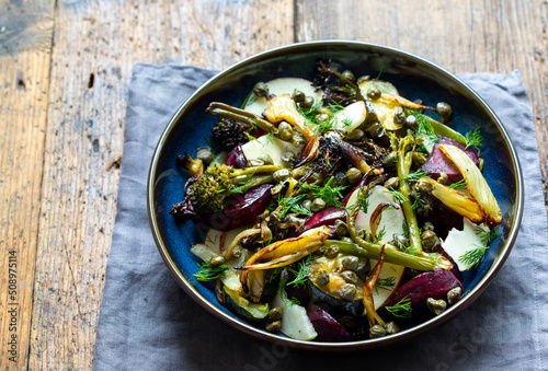 Warm salad with roast beetroor, broccoli, apple, fennel and crispy capers