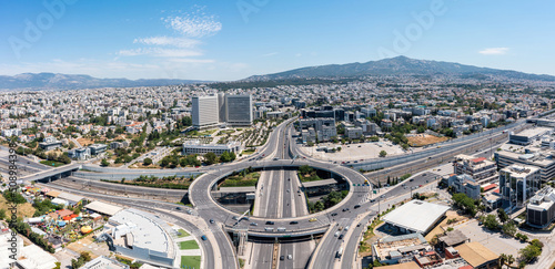 Attiki Odos toll road interchange with Kifisias Avenue, Marousi Athens, Greece. Aerial drone view
