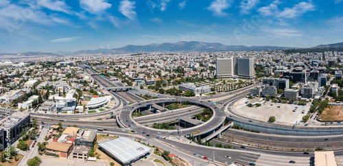 Attiki Odos toll road interchange with Kifisias Avenue, Marousi Athens, Greece. Aerial drone view