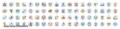 set of fairy tale web icons in outline style. thin line icons such as caribbean, fairy godmother, beast, atomic bomb, zombie, karakasakozou, devil, fairy tale, talking tree icon.