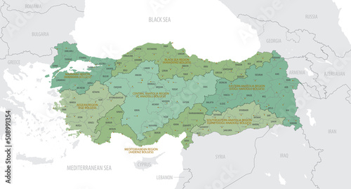 Detailed map of Turkey with administrative divisions into Districts and Provinces, major cities of the country, vector illustration onwhite background