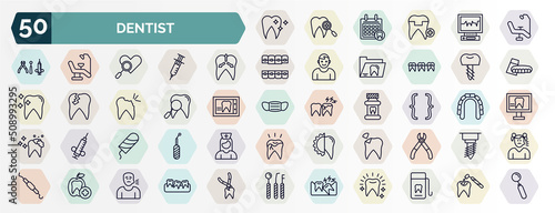 set of dentist web icons in outline style. thin line icons such as clean tooth, dental chair, intraoral, dental prosthesis, dentist, brackets, tampon, dental filling, dentist, wisdom tooth icon.