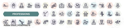 set of professions icons in outline style. thin line icons such as archeologist, electrician, nun, cricket player, mechanic, singer, hairdresser, teacher, dyer icon.