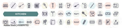 set of kitchen icons in outline style. thin line icons such as seasoning, pizza cutter, coffee grinder, dinner, honey dipper, stove, sugar sifter, mitten, wheat icon.