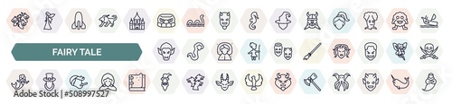 set of fairy tale icons in outline style. thin line icons such as hydra, , dwarf, vampire, broomstick, mermaid, pinocchio, wizard, thor icon.