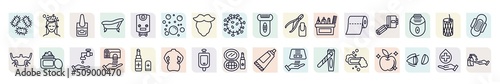 set of hygiene icons in outline style. thin line icons such as parasite, varnish, bubbles, nail scissors, appointment book, face cream, hand dryer, urinal, lather icon.