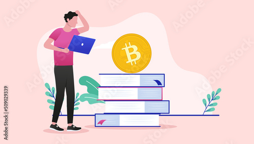 Bitcoin education - Man studying and learning about crypto currencies scratching his head. Flat design vector illustration