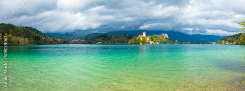 Famous church at lake Bled, Slovenia, in early summer