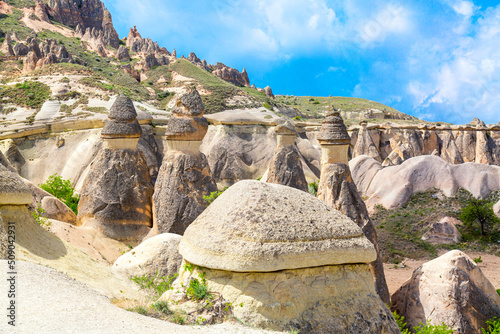 Fairy chimneys rock formations in Pasabag valley in Cappadocia, Turkey. Popular tourist destination in Turkey.