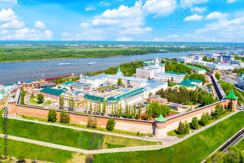 Aerial drone view of Kremlin with Volga river in Nizhny Novgorod, Russia. Summer sunny day