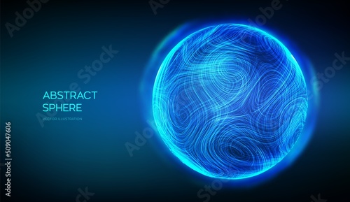 Abstract sphere on blue background. 3d blue energy ball. Ultra thin line fluid geometry. Dynamic distorted sphere. Wave motion particle trails. Futuristic sound or data waveform. Vector illustration.