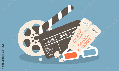 vector illustration on the theme of cinema. clapperboard, 3d glasses, film reel, movie tickets