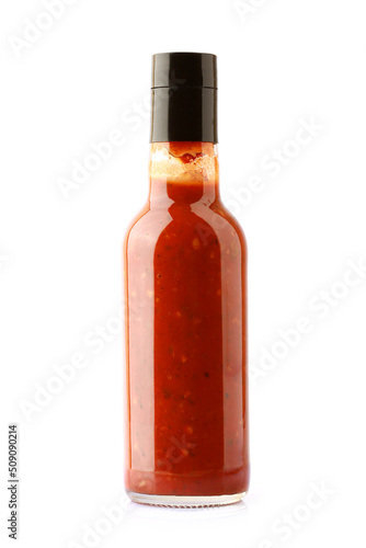 Hot chili sauce bottle isolated on white background