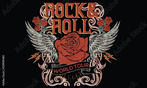 Rock and roll tour t shirt print design. Rockstar vector artwork. Eagle wing and rose flower graphic illustration. Music poster.