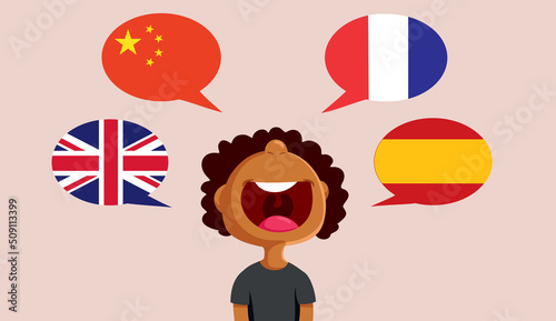 Smart Child Speaking Many Foreign Languages Vector Cartoon Illustration. Child of African Ethnicity speaking multiple languages fluently 