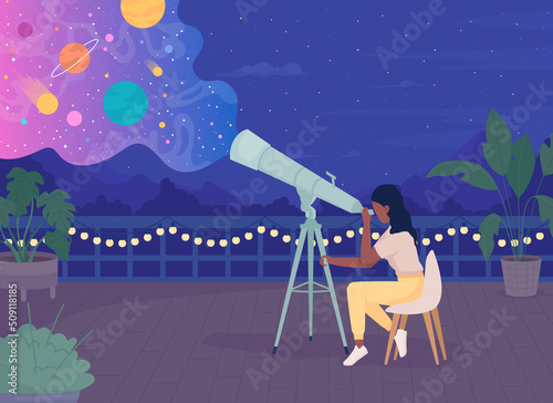 Woman with telescope enjoying stargazing on rooftop at night flat color vector illustration. Astronomic hobby. Fully editable 2D simple cartoon character with dark sky on background