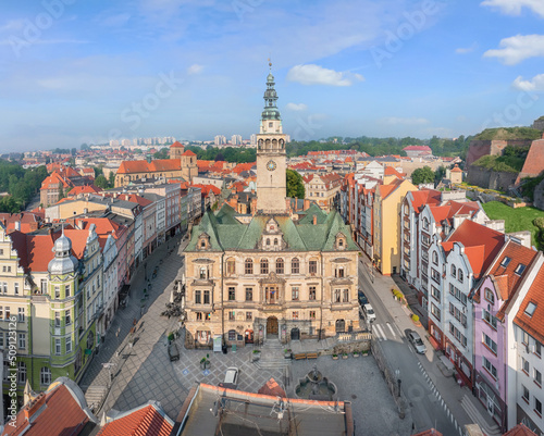 Klodzko, Poland. Aerial view of historic Town Hall located on Market square