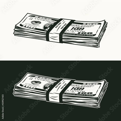 Lying wad of 100 dollar bills banded with a paper tape. Banknotes with front obverse side. Cash money. Vintage style. Monochrome detailed isolated vector illustration. Perspective side view