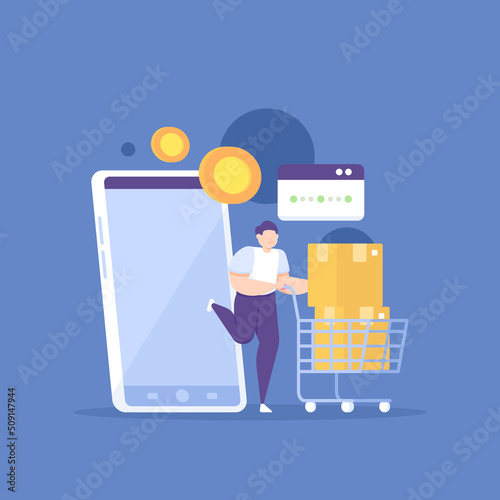 reseller, e-commerce business, online shop, shipping service. customers buy or shop for goods using a smartphone. distributors and suppliers. flat cartoon illustration. vector concept design