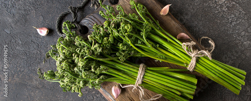 fresh bracken fern on wooden board