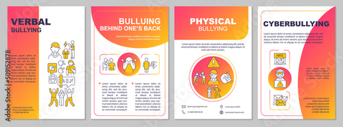 Teenage bullying and harassment red gradient brochure template. Leaflet design with linear icons. 4 vector layouts for presentation, annual reports. Arial, Myriad Pro-Regular fonts used