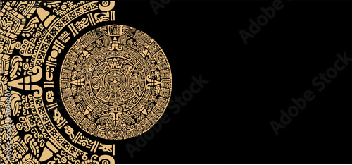 Ancient Mayan Calendar Images of characters of ancient American Indians.The Aztecs, Mayans, Incas. Mayan calendar.the Mayan alphabet.Ancient signs of America on a black background. 