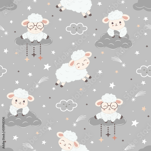 Kawaii cute sheeps seamless pattern design for paper goods, background, wallpaper, wrapping, printing, fabric, swaddles, apparel and all your creative projects.