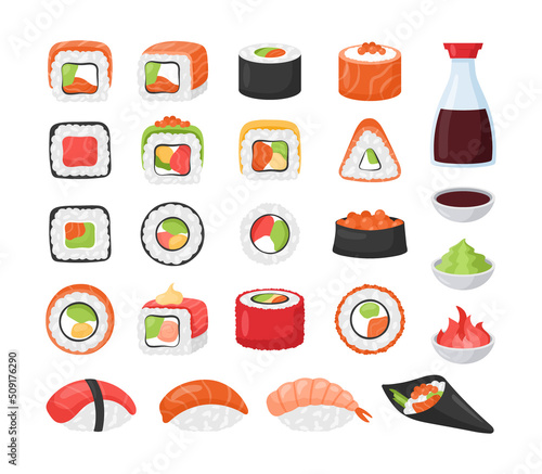 Sushi icon set. Vector collection of various sushi roll, sashimi with shrimp, salmon and tuna, gunkan. Japanese cuisine, traditional food. Asian food. Roll with fish, vegetables, wasabi soy ginger