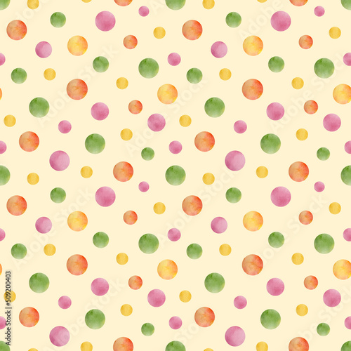 Watercolor dots seamless pattern. Red, green, pink polka dot repeated tile on light yellow background. Bright colorful confetti spot ornament. Round paint shapes design for birthday, party, wrapping