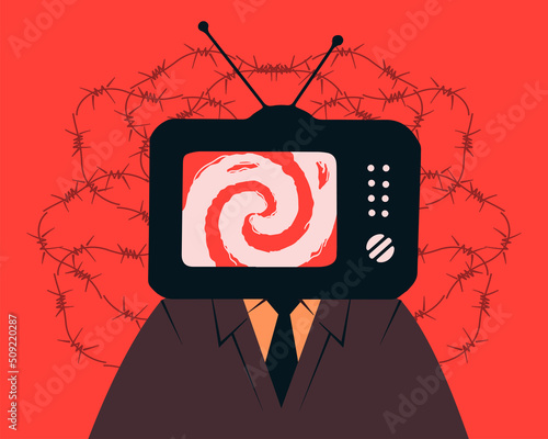 A character in a suit who has a TV instead of a head, a metaphor for lying propaganda, a symbol of fake news.