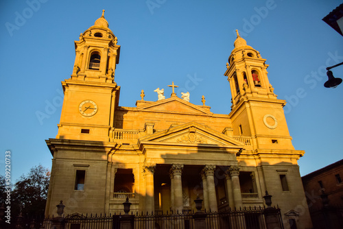 Pamplona, Spain - 5 October 2019: Catedral de Santa Maria la Real, 15th Century Gothic church, Neoclassical facade designed by Ventura Rodriguez in 1783
