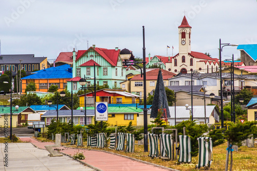 Colorful houses at Porvenir town, capital of both the synonymous commune and the Chilean Province of Tierra del Fuego of Magallanes y la Antártica Chilena Region, Chile