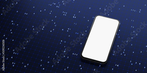 Smartphone mockup on abstract blue teo table. 3d render.