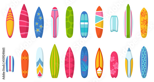 Different surfboard set. Colorful surf desk design. Surfing desks and boards with bright pattern