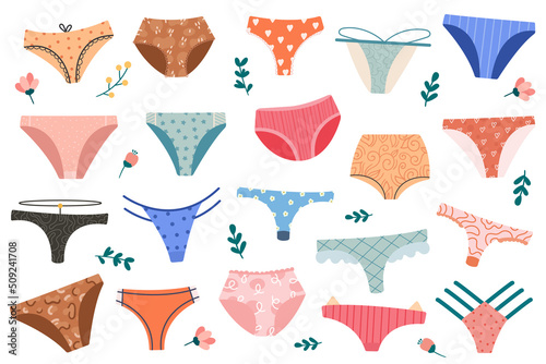 Set of cartoon women panties, underwear string, thong, tanga, bikini. Cheeky, classic brief, slip