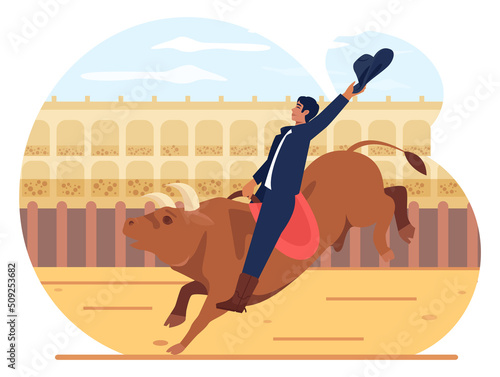 Mexico corrida. Bullfighting show, brave toreador conquering a bull.