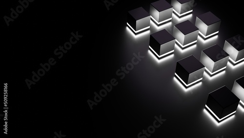 Black abstract background with cubes. Copy space for text. 3D rendering.