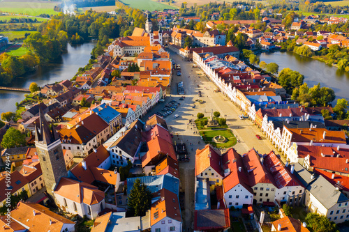 Picturesque autumn cityscape of Telc overlooking historic centre with main square, Czech Republic