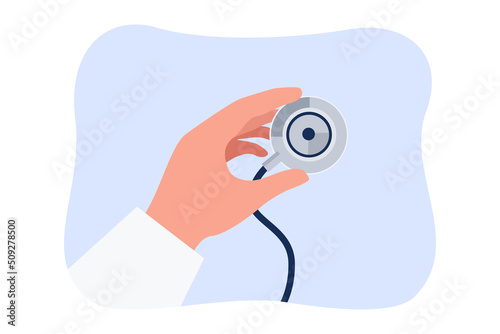 Stethoscope in human hand flat vector illustration. Doctor holding auscultation tool. Medical equipment, hospital, healthcare concept for banner, website design or landing web page