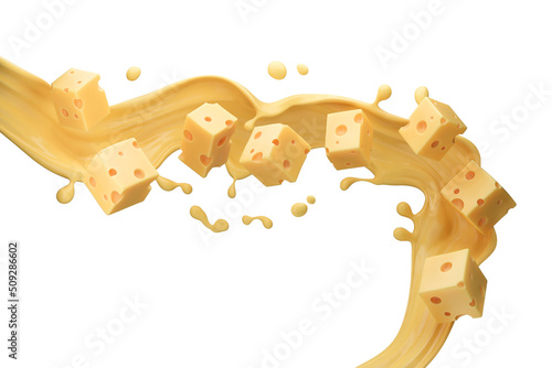 Cheese sauce splashing in the Heart Shape with cheddar cheese, 3d rendering.