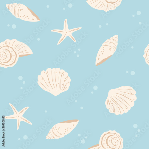 Seamless pattern with sea, shell and starfish. Illustration seabed summer in flat style for wallpaper, fabric and textiles. Summer blue background. Vector